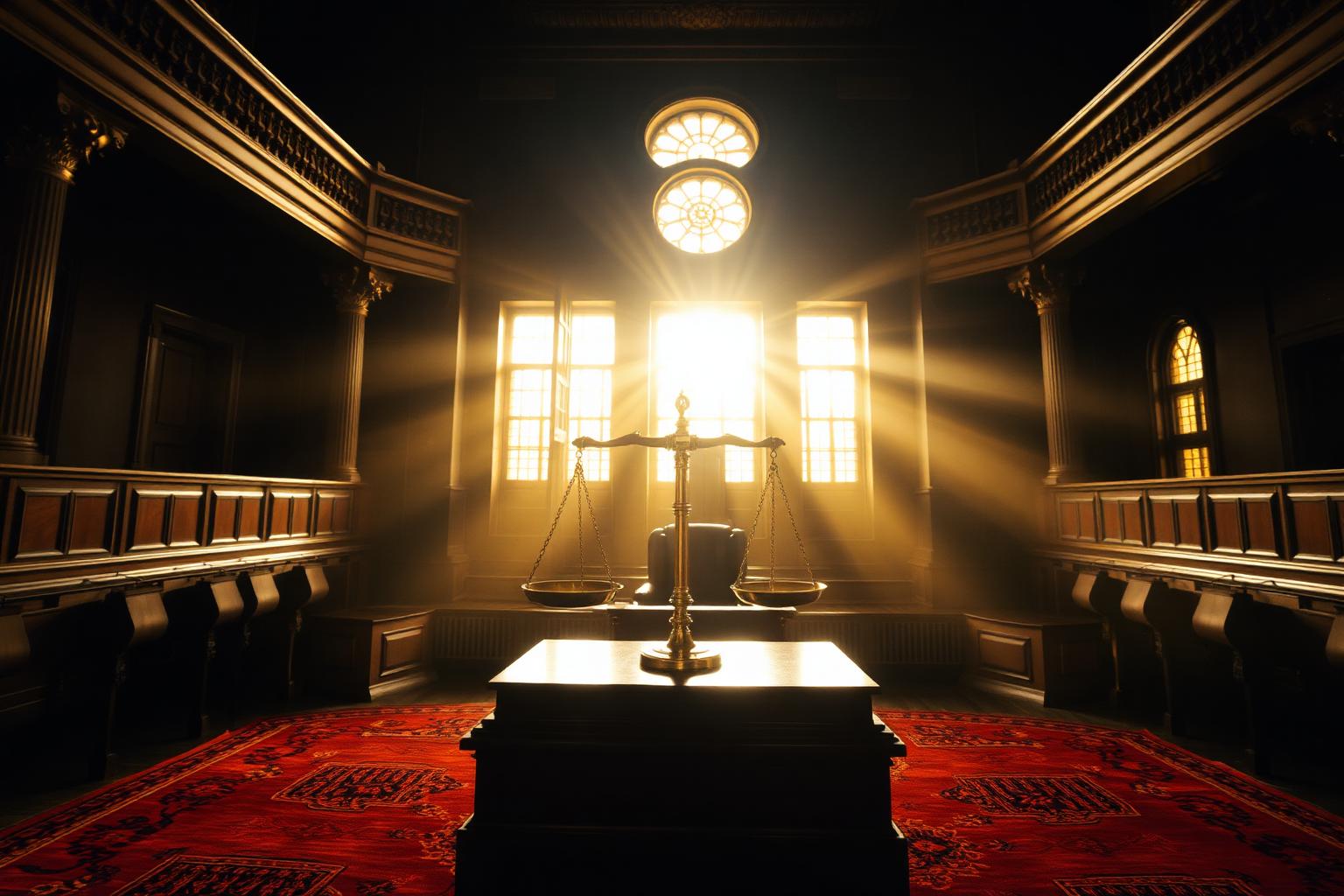 Indian courtroom with brass scales of justice — Advocate Samyak Nahata representing clients in PCMC and Pune